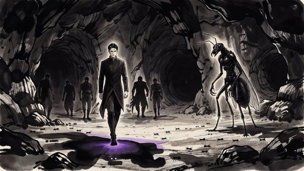 Across a vast dim cavern scattered with the dark shapes of fallen ants, a man in a long coat walks alone toward a tall black winged figure waiting on the far side.