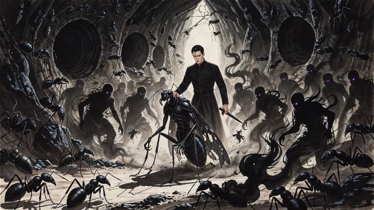 In a collapsing cavern a tide of black ants meets a wave of smoke-black soldiers while, at the centre, a man in a long coat presses a winged black ant-like figure down onto its knees.