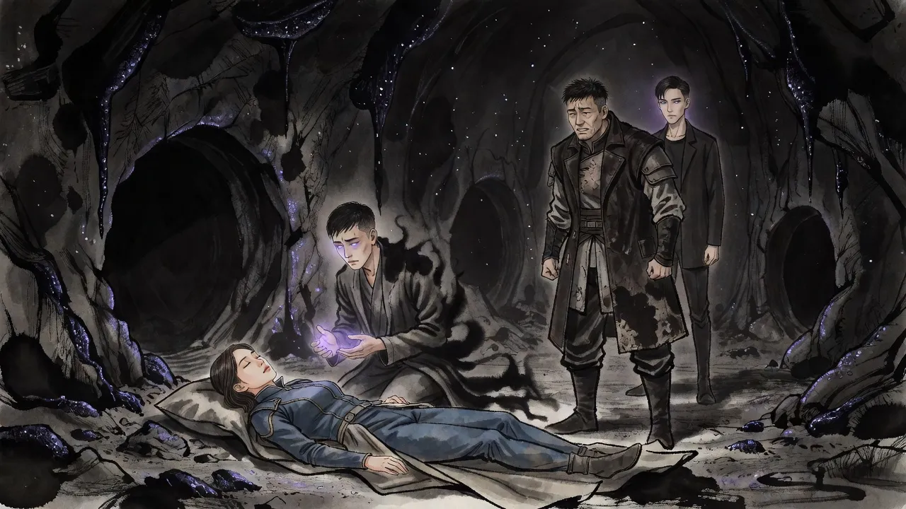 A smoky figure of a thin, gentle man kneels with glowing hands over an unconscious woman while a broad man watches, stricken, and another man stands still behind him.