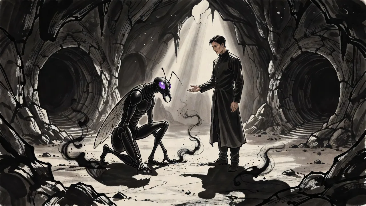 In an empty cavern lit by one shaft of light, a smoke-black ant knight with folded wings kneels with bowed head before a man in a long coat who holds out his hand.