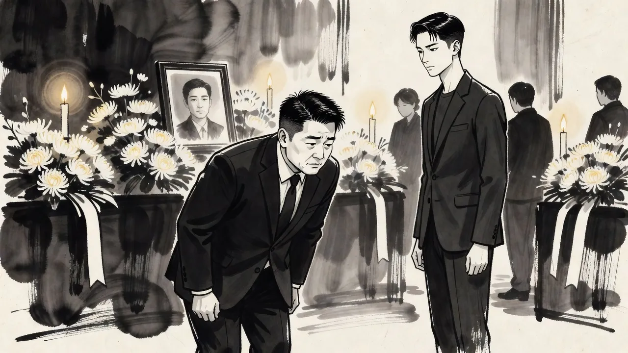 In a funeral hall banked with white chrysanthemums around a framed portrait, a broad man in a black suit bows deeply to a younger man who stands very straight.