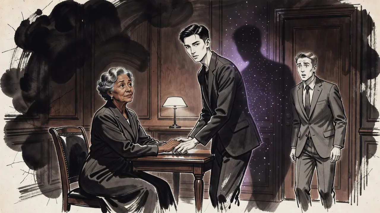In a lamplit office an older woman jerks back from the hand of a calm young man as his shadow on the wall behind him swells into a vast dark shape, a man by the door staring.