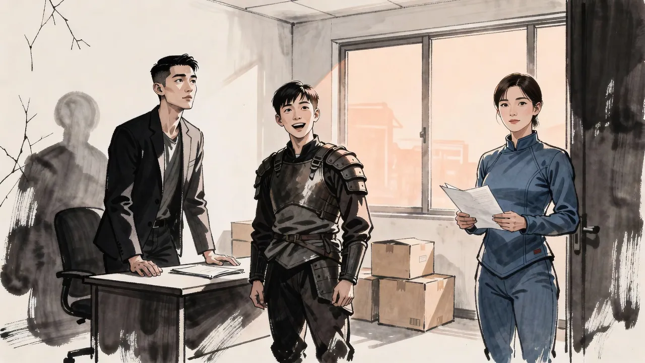 In a bare new office with taped-up boxes, a young man at a desk and a cheerful young man beside him look up at a woman in a slate-blue jacket standing very straight in the doorway.