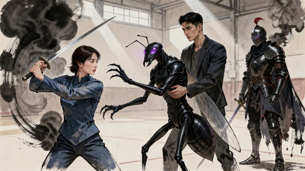 In a bare training hall a woman braces with a plain sword as a smoke-black ant knight lunges at her, and a calm young man catches the creature’s wrist, while a shadow knight stands aside.