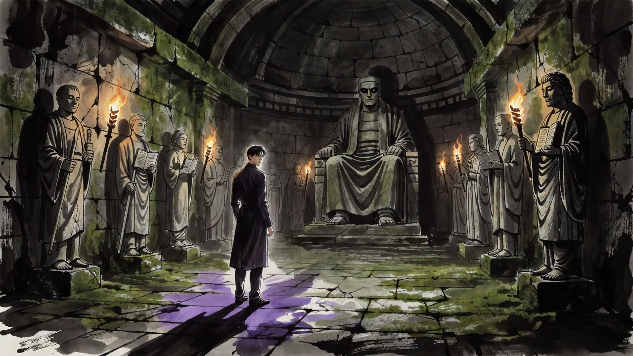 A tall young man in a long dark coat stands alone on the threshold of a vast, mossy, torch-lit stone temple, his shadow pooling at his feet, looking down the hall at a colossal seated stone statue.