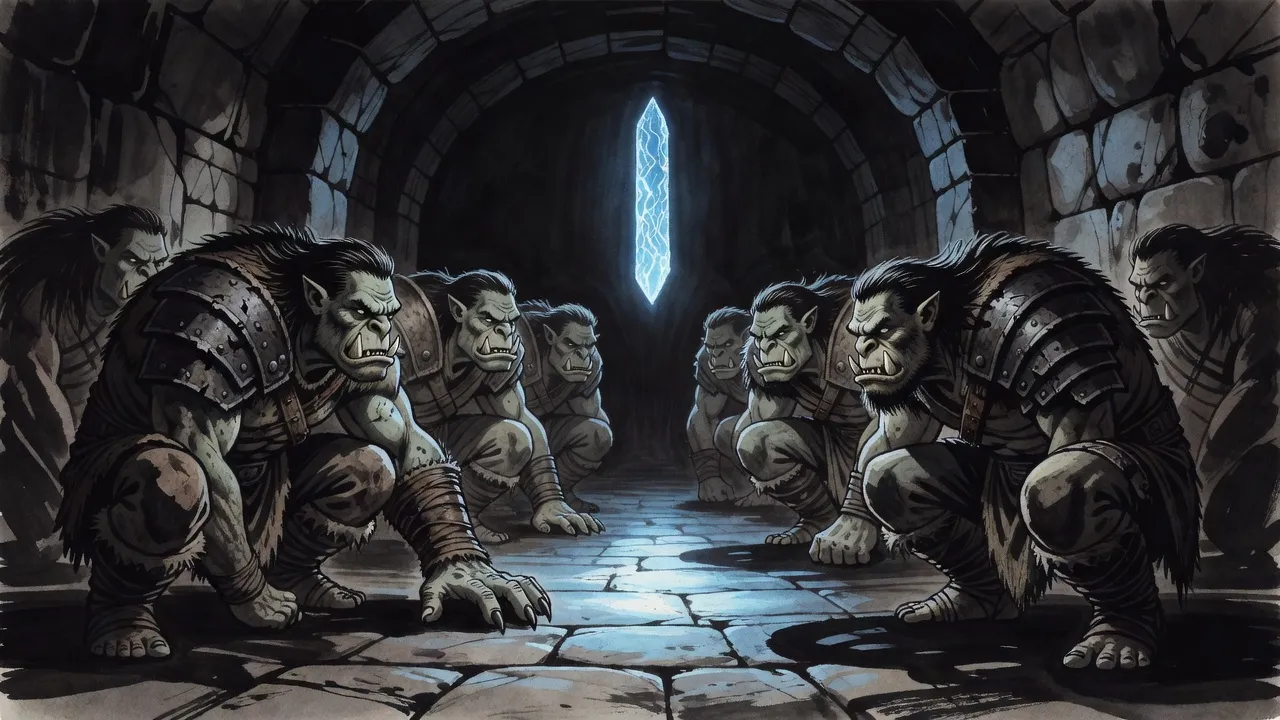 Hulking tusked orcs crouch motionless in a pitch-dark stone passage at the mouth of a rift of cold blue light.