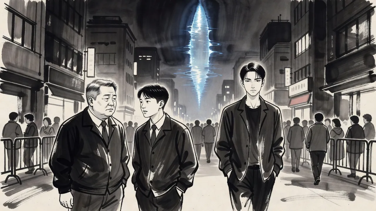 Two men in dark official windbreakers chat at a police barricade while a calm young man slips between them, a vast rift of blue light hanging over the street behind.