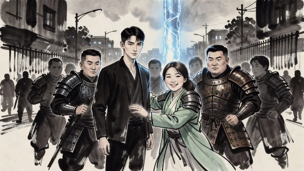 A cheerful young woman in a long healer’s coat elbows a crowd of armoured hunters aside and holds out her hand to a calm young man, a broad-shouldered man in bronze armour looking on.