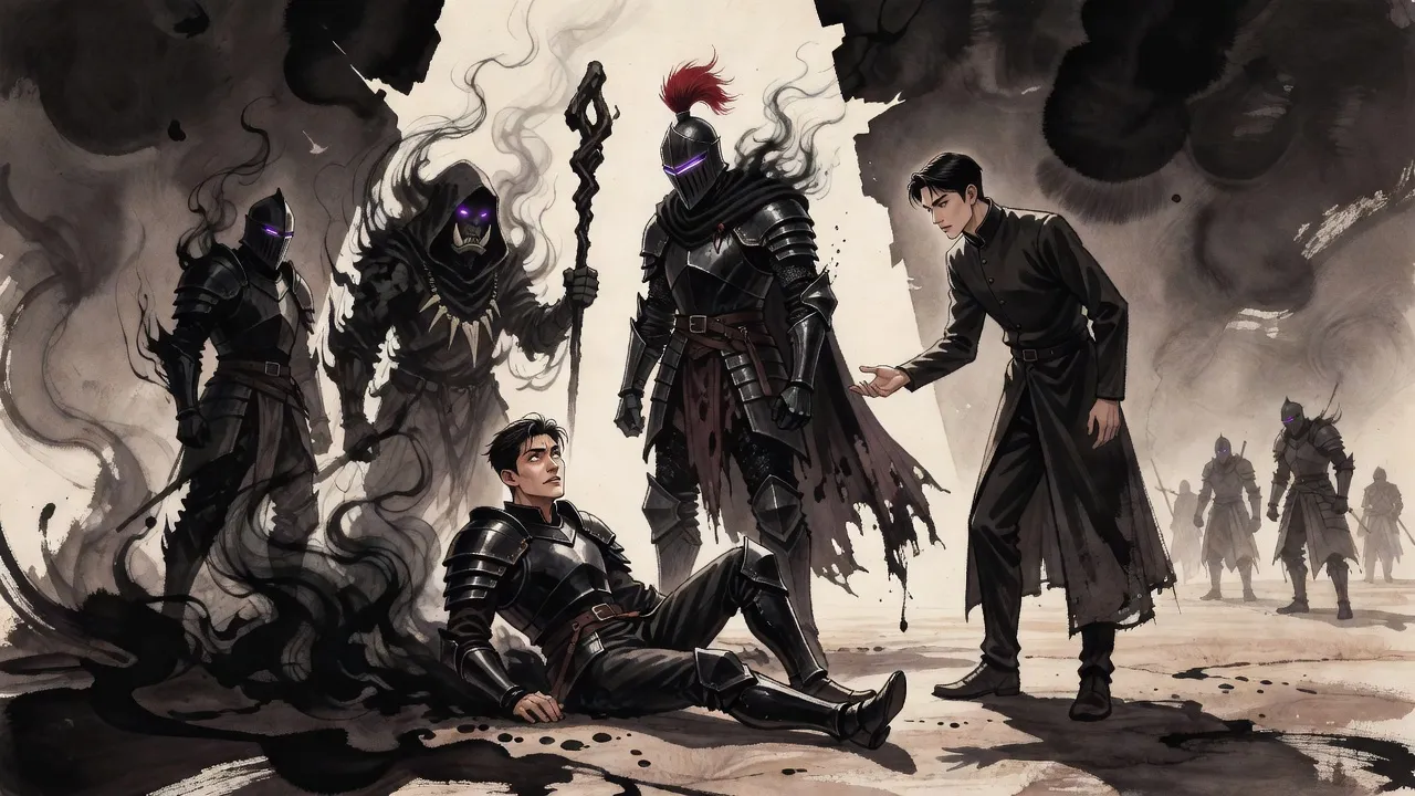 A cocky young hunter sits sprawled on the ground beneath a looming dark knight and a hooded orc shaman made of smoke, while a calm young man in a long coat holds out his hand to him.