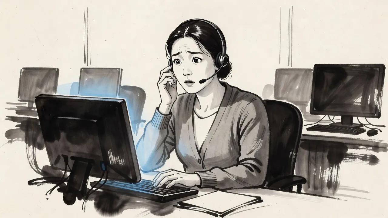 A tired woman in a headset sits frozen at her desk in a dark call centre, one hand pressed to her earpiece, her face lit by a screen.