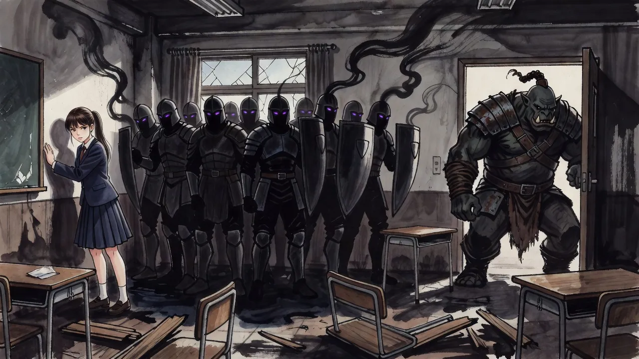 A schoolgirl stands pressed against the back wall of a wrecked classroom while soldiers of black smoke rise from her shadow between her and the huge dark shape of an orc in the doorway.