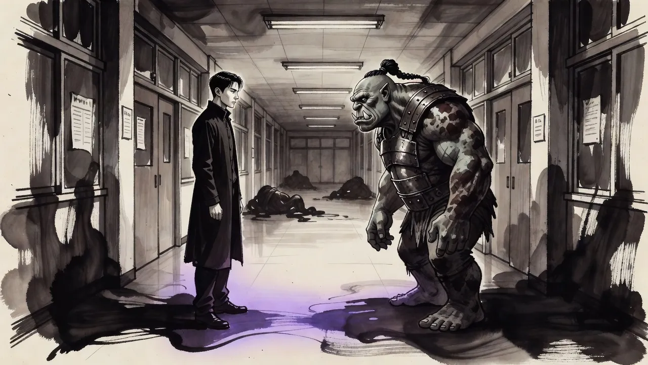 A calm young man in a long dark coat stands in a dim school corridor, his shadow spreading like ink, as a huge orc stops short in front of him, staring.