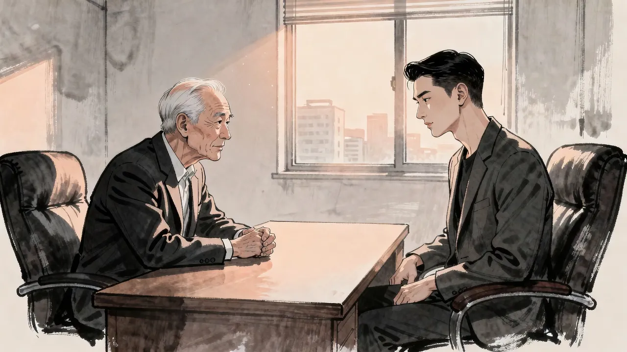 An upright white-haired old man in a dark suit leans across a broad desk toward a calm young man sitting back in a leather chair, late sun slanting through the window.