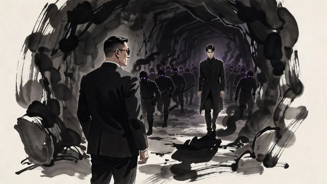 A broad man in sunglasses and a black suit watches from a cave mouth as a river of smoky soldiers pours past him into the dark, a lone figure in a long coat at their head.