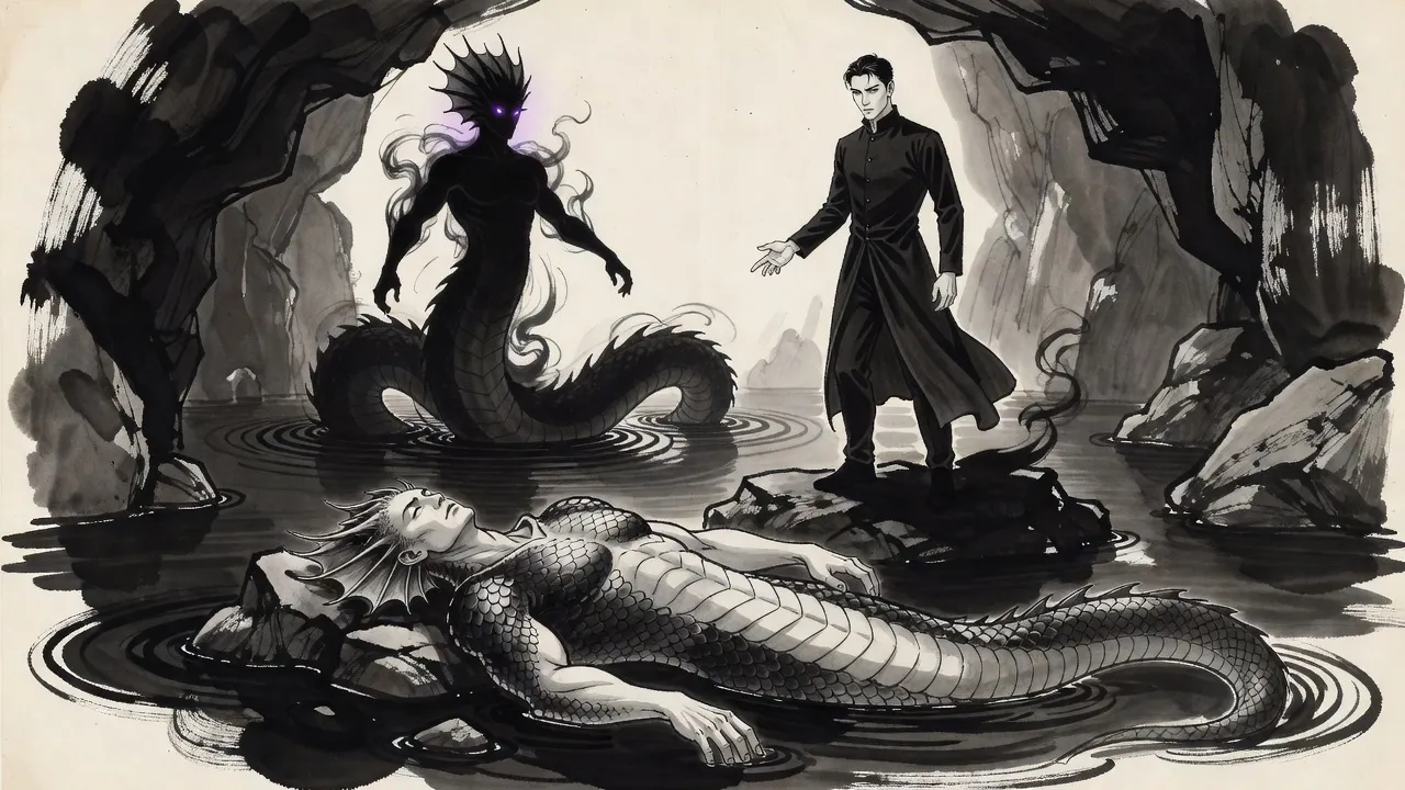 In a dark flooded cavern a young man in a long coat stands over the coils of a dead serpent-man while its smoky black double rises from the water with glowing violet eyes.