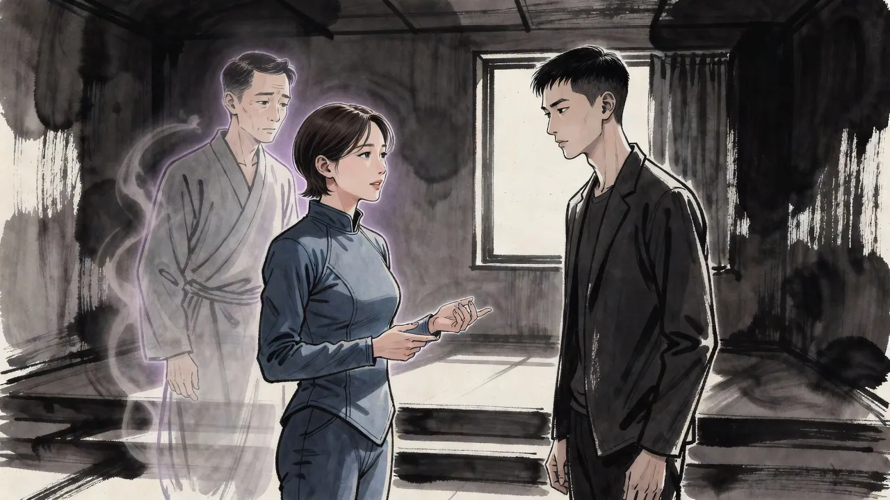 A dark-haired woman in a slate-blue jacket speaks earnestly to a still young man in a bare room at dusk, while a faint figure of smoke and light hangs behind her shoulder.