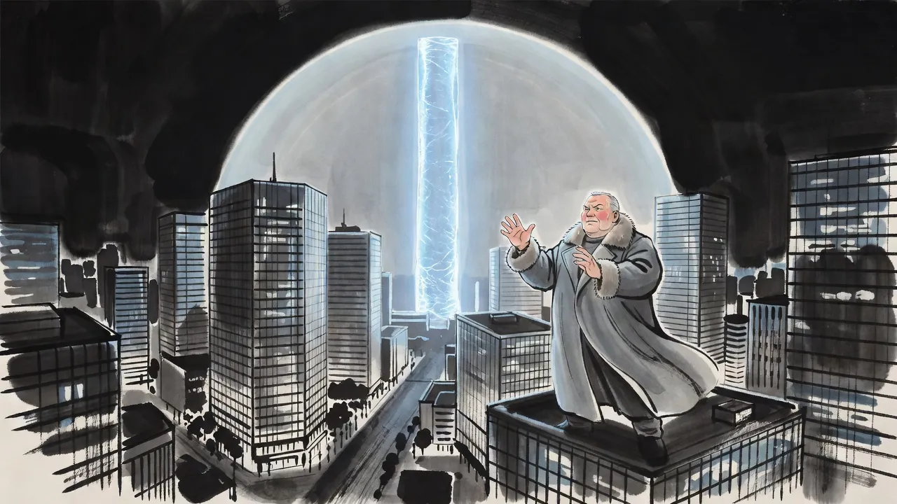 A heavy-set man in a grey greatcoat stands on a rooftop at night with both hands raised toward a vast dome of pale light enclosing a towering rift of blue light among office towers.