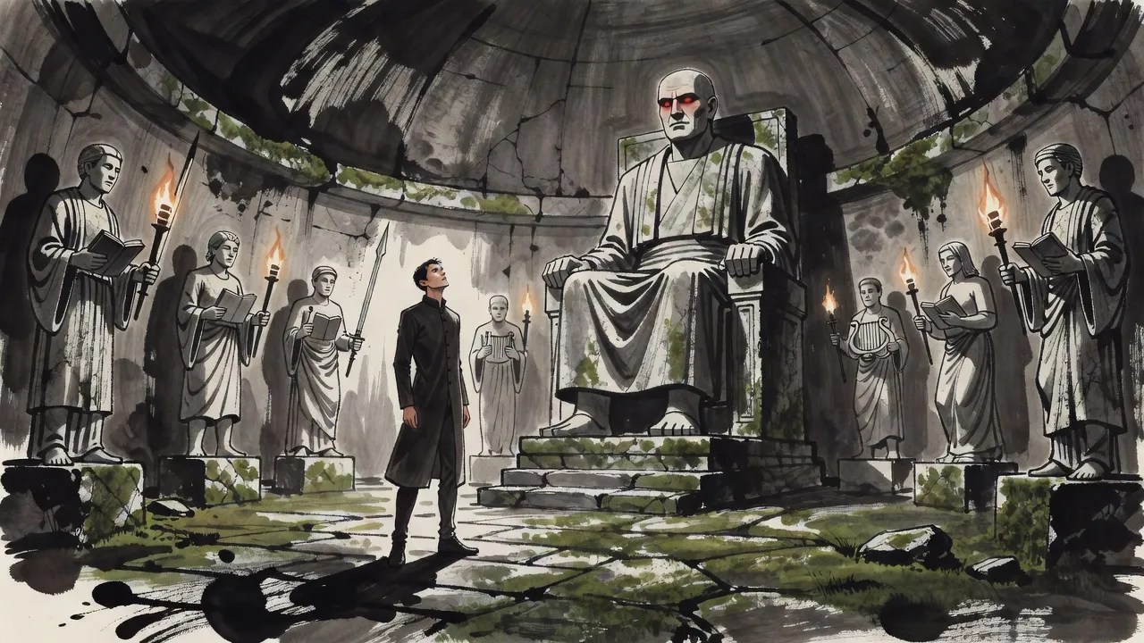 In a vast mossy torch-lit temple a colossal seated stone statue leans forward with glowing red eyes while a lone young man in a long coat braces on the floor below.
