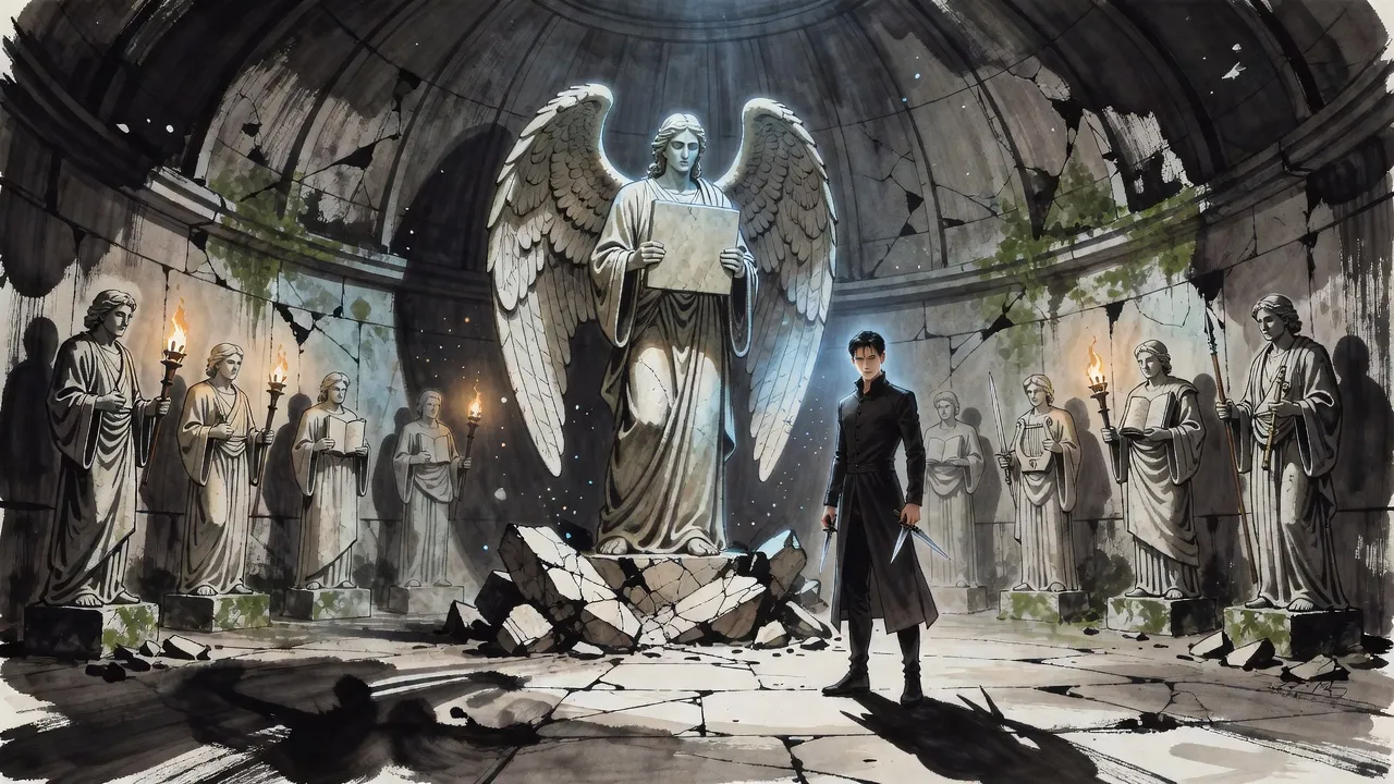 A towering winged angel of grey stone holding a blank slate rises from a broken plinth in a dusty temple hall while a young man with two daggers looks up at it.