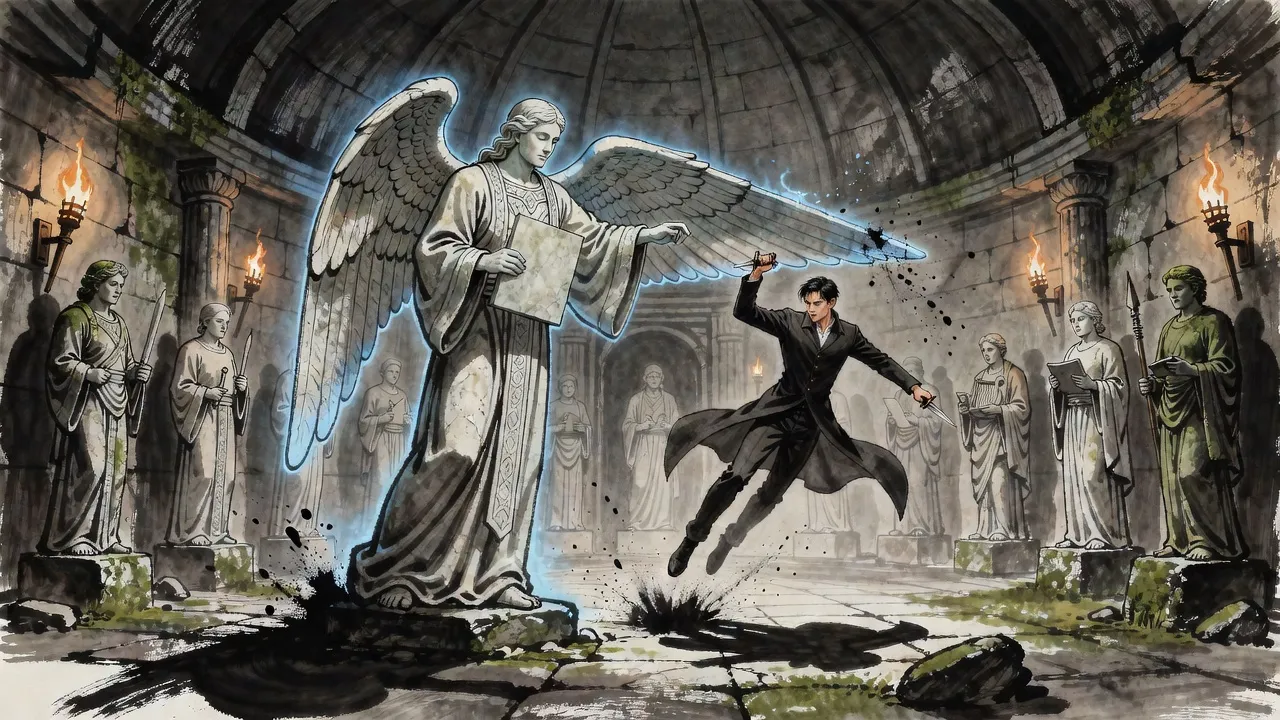 A young man in a long coat is flung backwards across a temple hall by the sweep of a vast stone wing, stone fragments spraying around him.