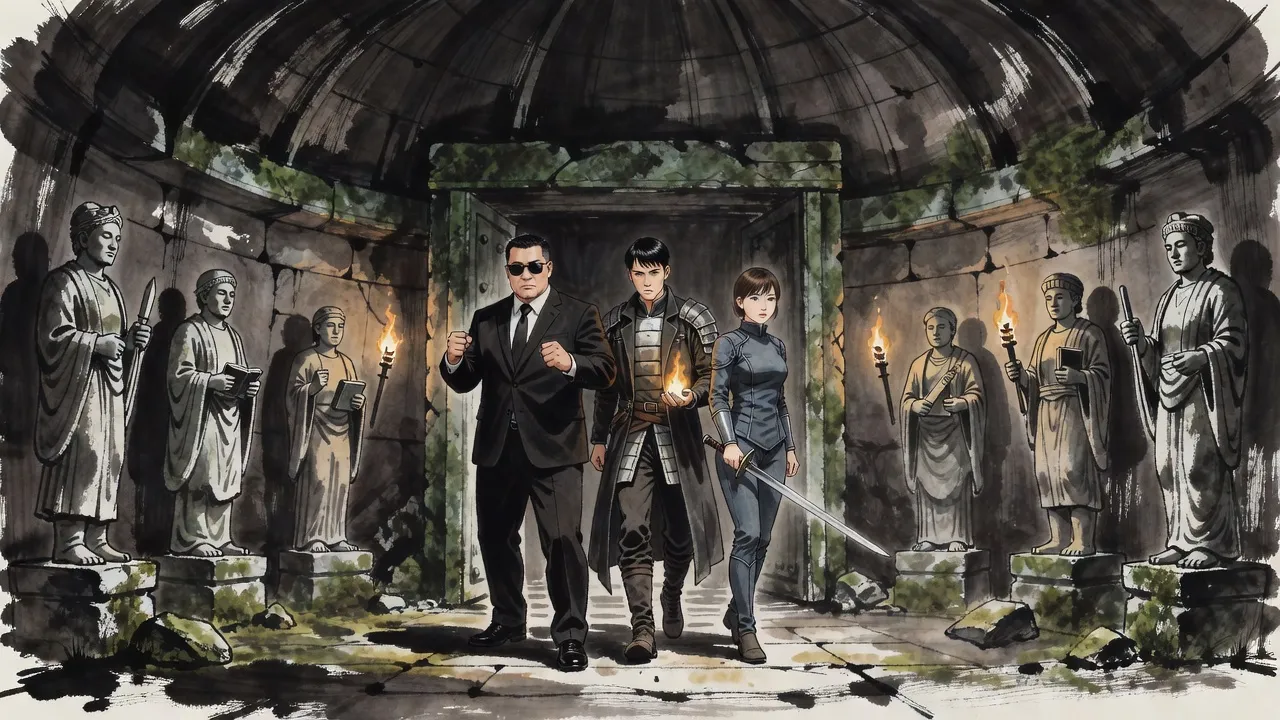 Three hunters, a broad man in sunglasses, a lanky man with fire kindling in his hand and a woman with a drawn sword, step through a temple’s great doorway as stone statues turn toward them.