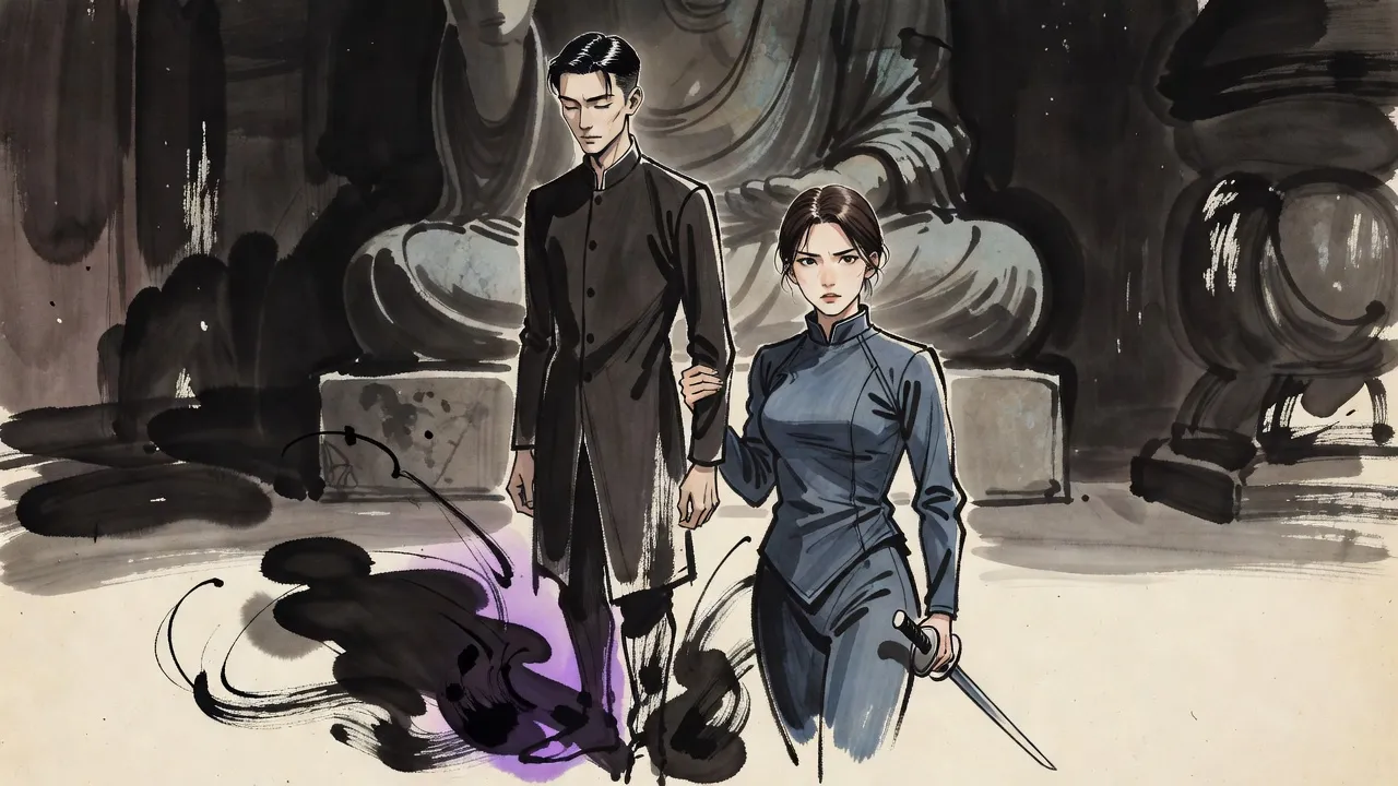 A woman with a lowered sword grips the arm of a young man who stands motionless and empty-eyed in a dim temple, his shadow churning at his feet.