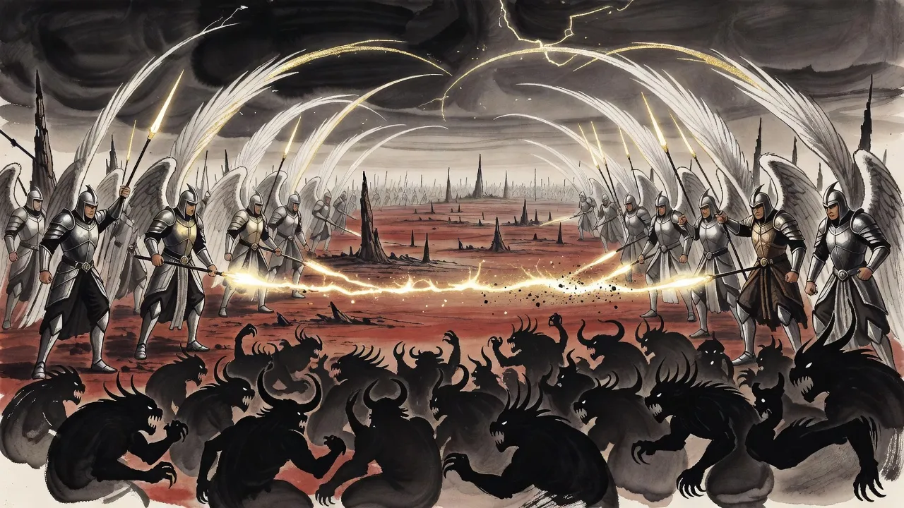 Under a strange dark sky, ranks of winged silver soldiers sweep down out of the clouds onto a dark tide of monsters surging across a barren plain.