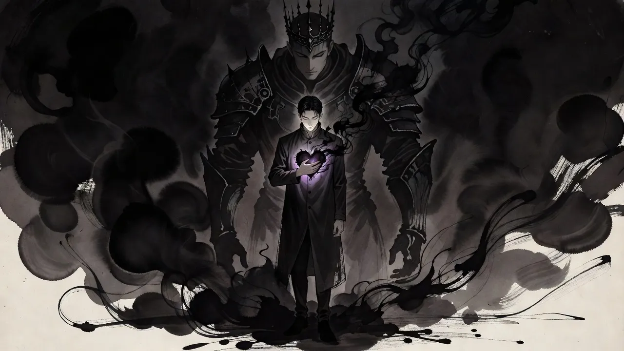 A young man stands with his eyes closed and a hand pressed to his chest, where a dark heart glows violet, as a vast shadowy king bends over him out of the dark.