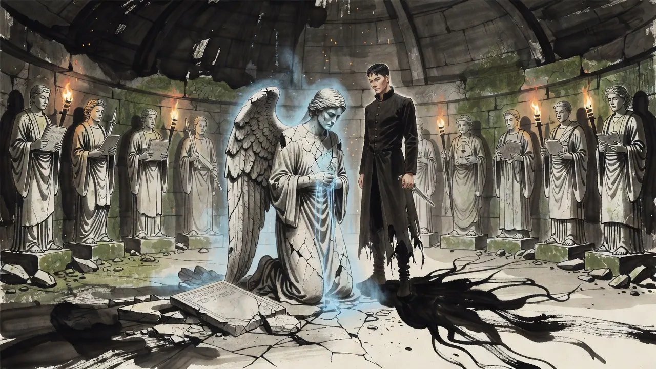 A towering stone angel, its face split and one wing broken off, sinks to its knees in rubble while a young man with a dagger looks down at it.