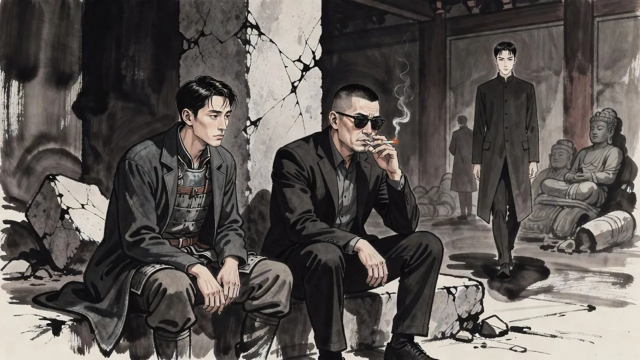 Two weary men sit on fallen masonry against a broken pillar, smoking, eyes wet, while far behind them a lone figure walks among toppled statues.