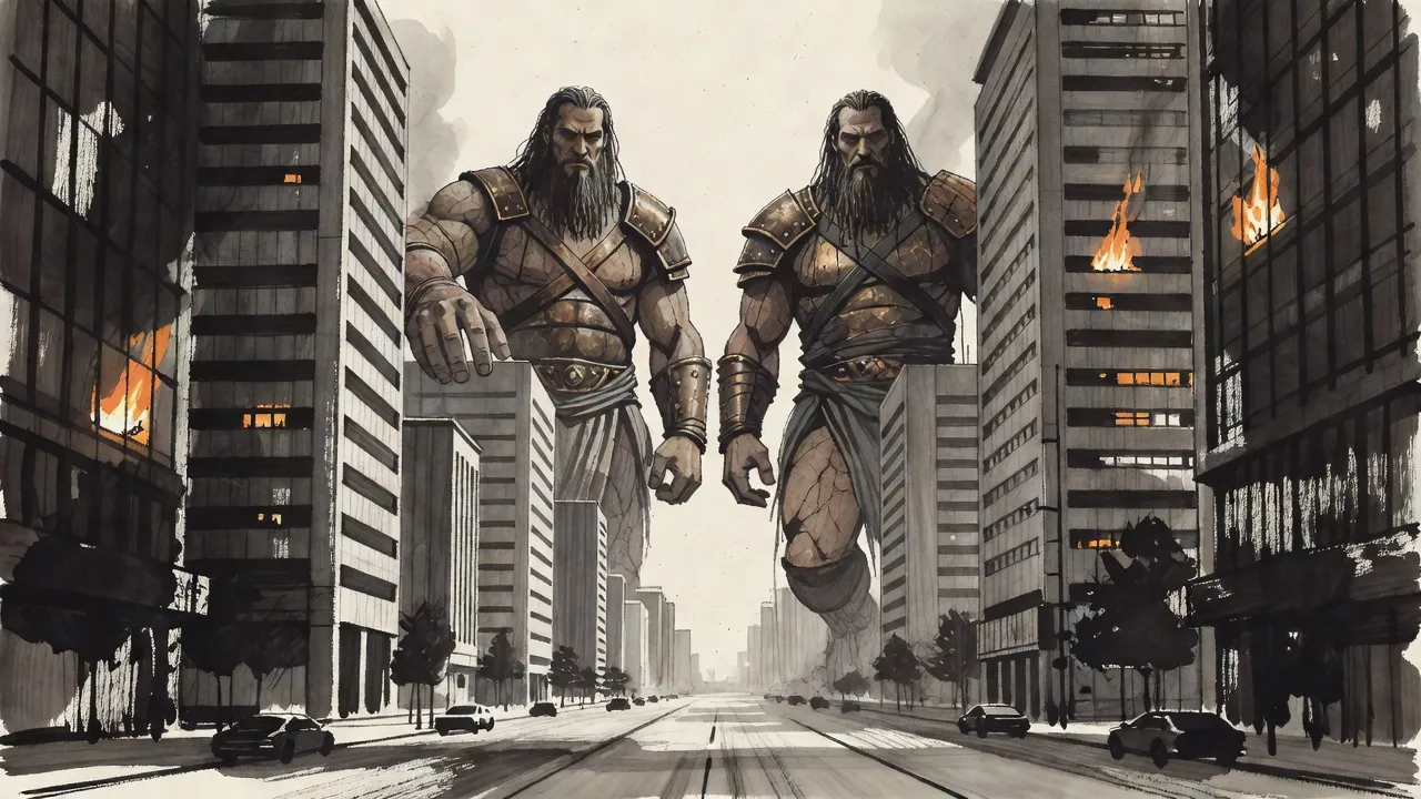 Two colossal bearded giants in rough bronze armour wade down a broad avenue between glass towers, heads level with the upper floors, fires burning in the windows.