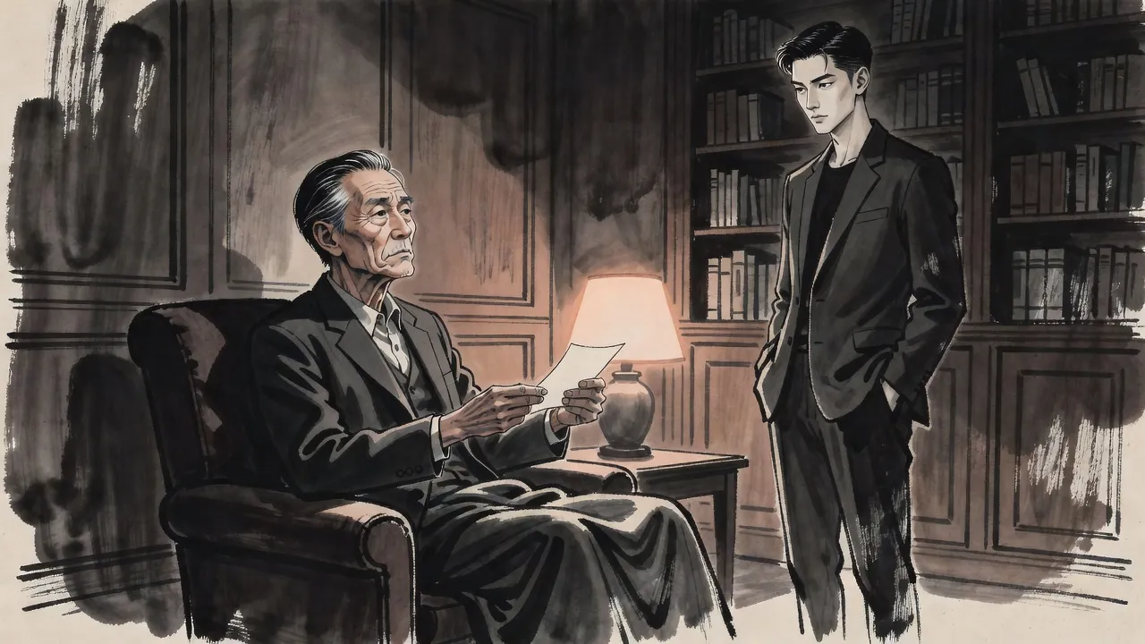 A gaunt grey-faced older man in a loose dark suit holds out a slip of paper from his armchair toward a young man who stands across the lamplit room, not answering.