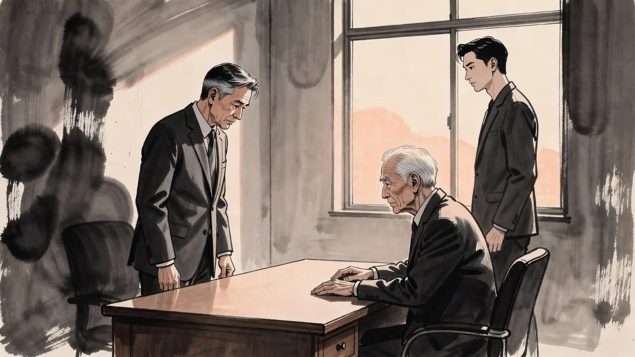 A stiff grey-haired man in a grey suit bows his head before a desk where a stern old man sits upright, while a young man stands apart at the window.