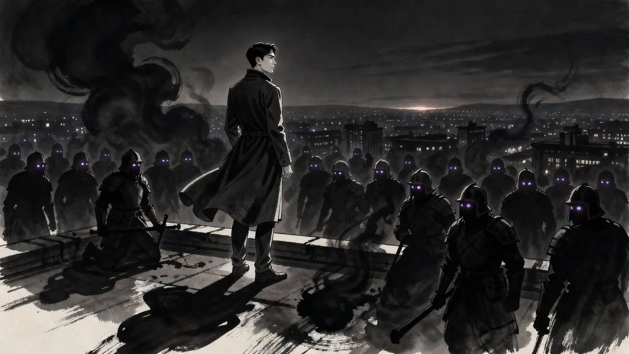 A young man in a long coat stands at a rooftop parapet at night looking east across a dark city, ranks of smoky soldiers with violet eyes rising from his shadow behind him.