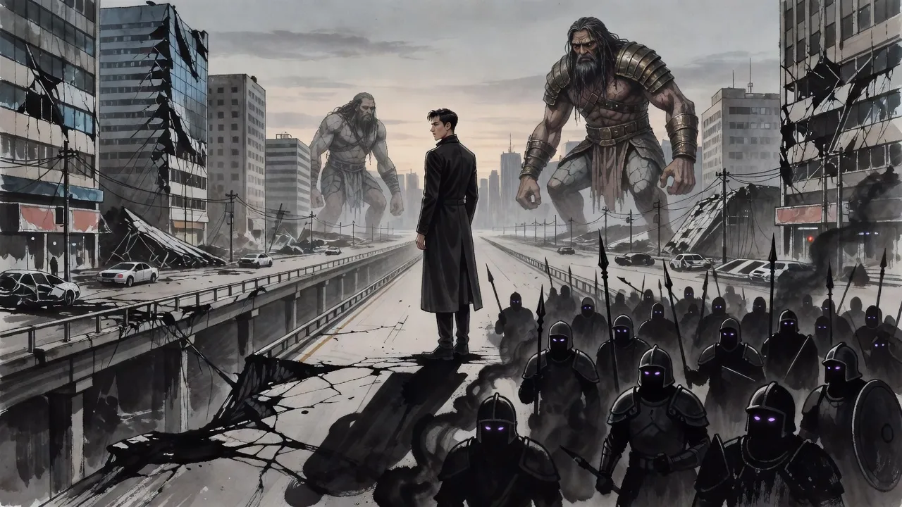 A man in a long dark coat stands alone on a broken elevated highway at dusk, looking over a ruined city where giant shapes crouch among the towers, while his shadow spreads behind him and rises into a dark army.
