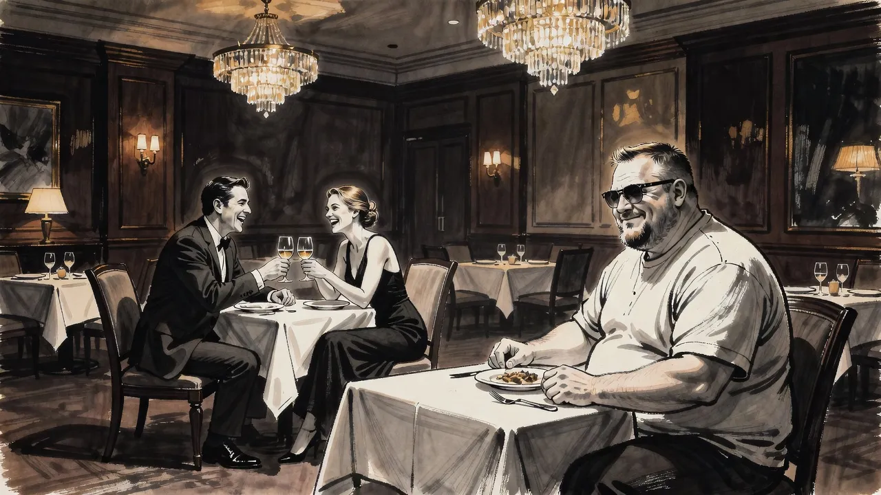 In a chandeliered hotel dining room, two hunters in evening clothes laugh over their wine while an enormous bearded man in sunglasses, alone at a corner table, sets down his knife and fork.