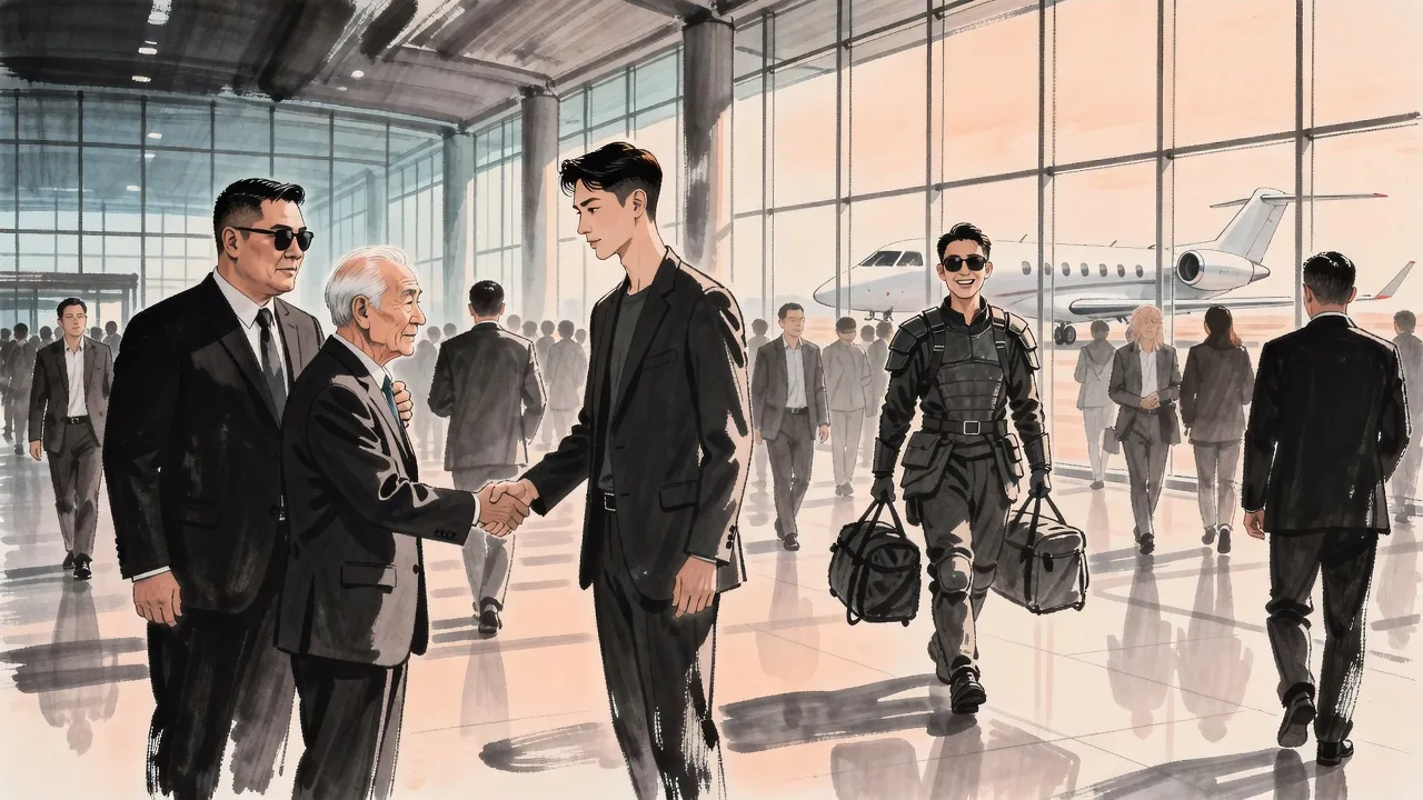 In a bright airport terminal with a private jet beyond the glass, a beaming young man in big sunglasses strides ahead with two bags while an old man in a dark suit shakes hands with a calm, taller man and a broad man in sunglasses looks on.