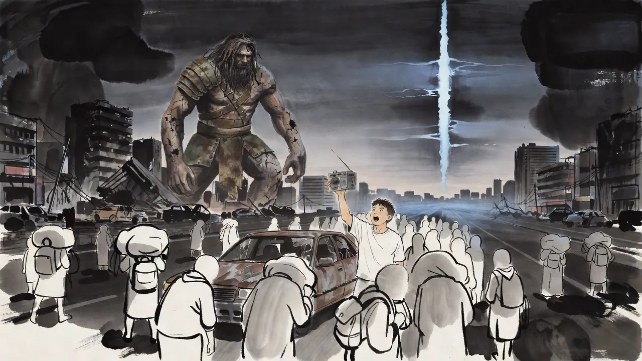 At dusk a highway is choked with people fleeing on foot from a darkened city, where a giant crouches beneath a tall rift of blue light, while a boy standing on a stalled car holds up a radio.
