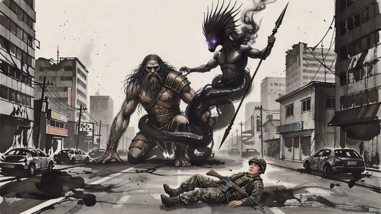 In a ruined street, a huge serpent-tailed shadow of black smoke slams into a giant crouched on all fours, drawing a black spear out of a pool of shadow, while a young soldier sprawls with an empty rifle in the foreground.
