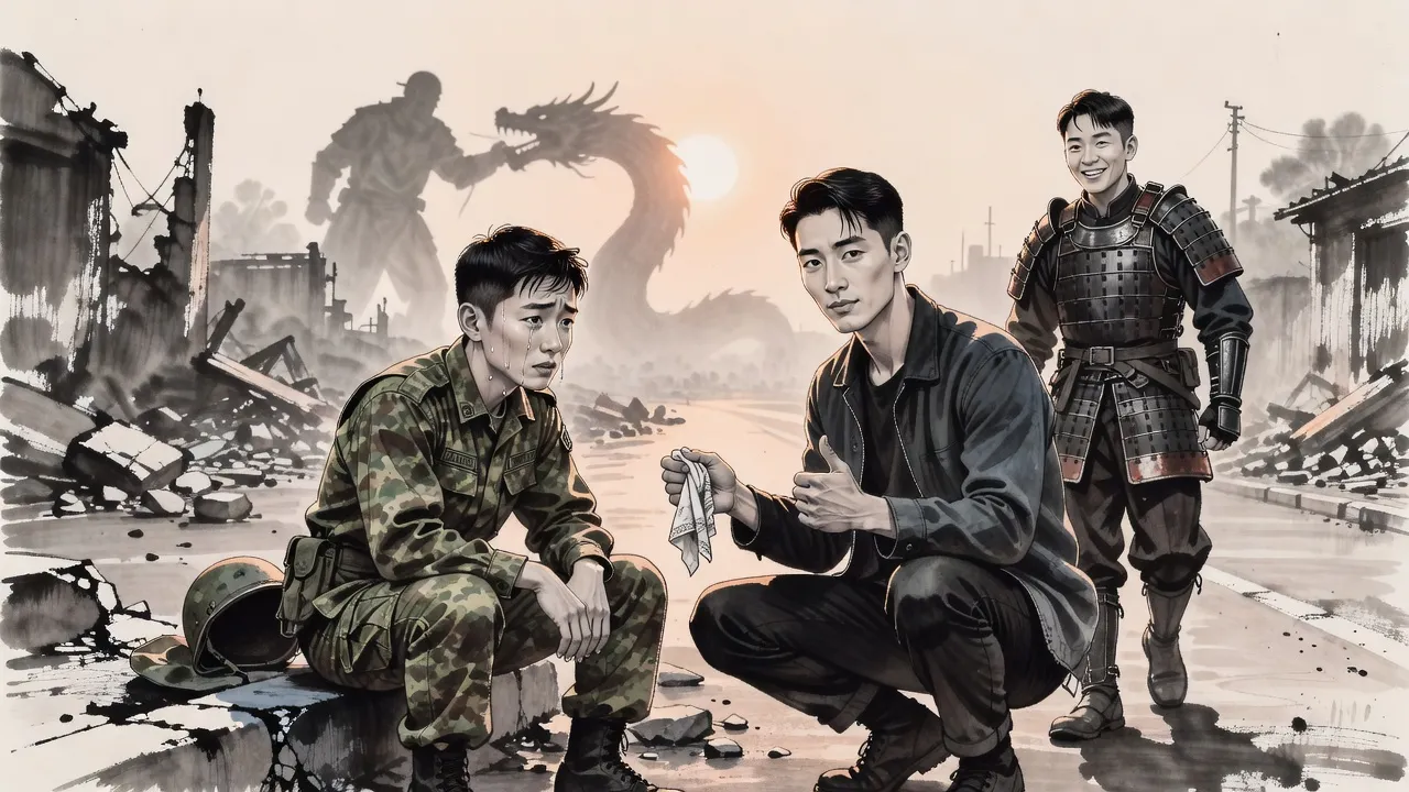 On a rubble-strewn roadside, a calm young Korean man crouches to offer a folded handkerchief and a thumbs-up to a weeping soldier while a giant and a huge serpent-tailed shadow grapple behind them.