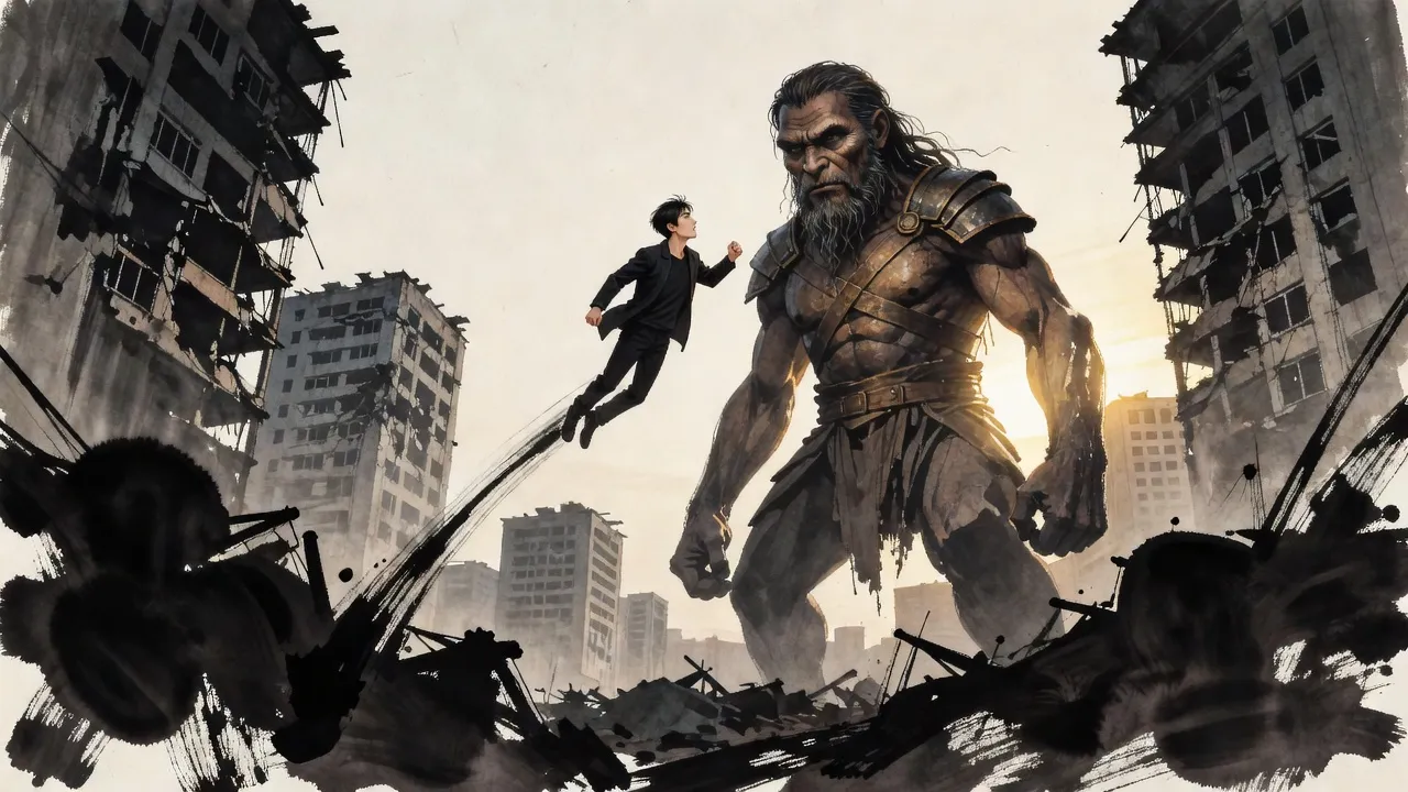 A man in a dark jacket hurtles through the air toward the face of a building-sized giant rearing up among broken towers, its small eyes already fixed on him.