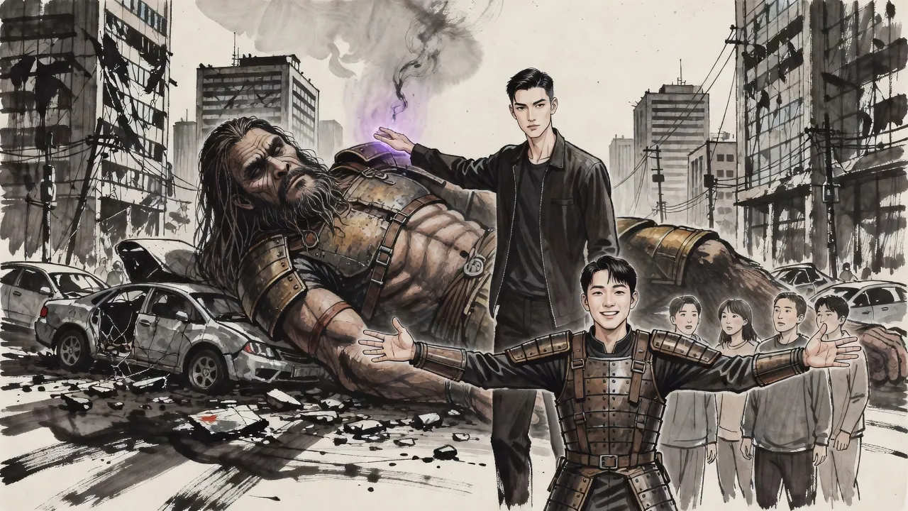 A building-sized giant lies dead across crushed cars while a man in a dark jacket raises a hand over it, wisps of black smoke rising, and a young man in shiny armour spreads his arms to hold back a few onlookers.