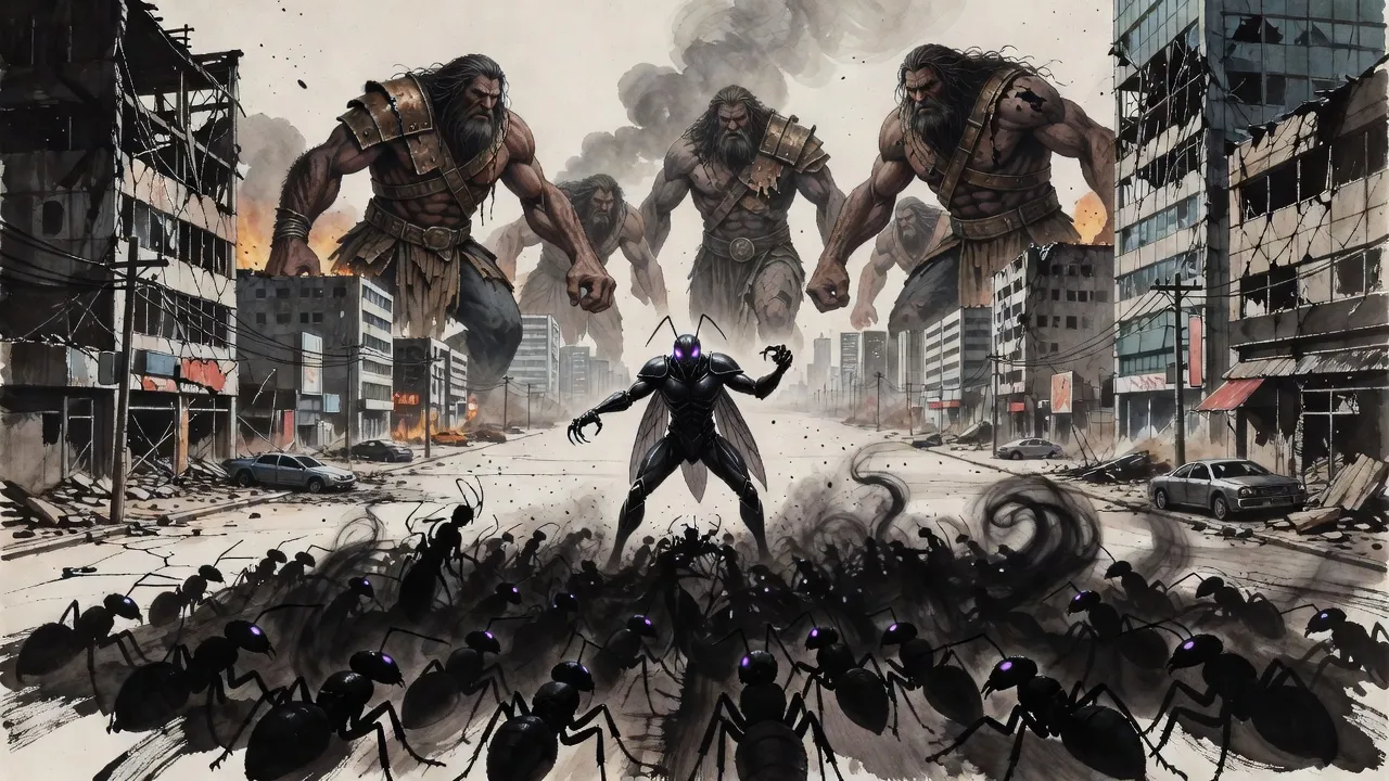 An upright black-armoured ant warrior charges down a ruined avenue at the head of a swarm of shadow ants toward giants many times their height.