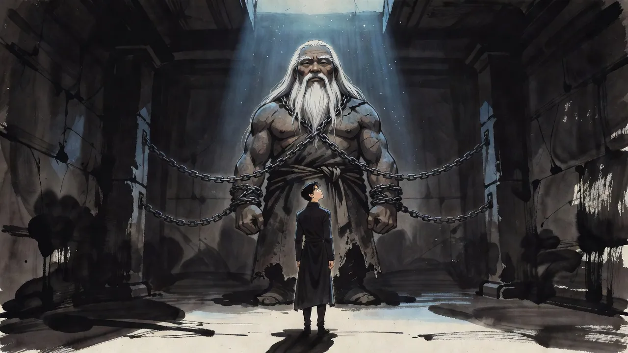 In a vast dim stone chamber lit by one shaft of cold light, a colossal white-maned giant king sits bound by heavy chains while a lone man in a long dark coat stands before him.