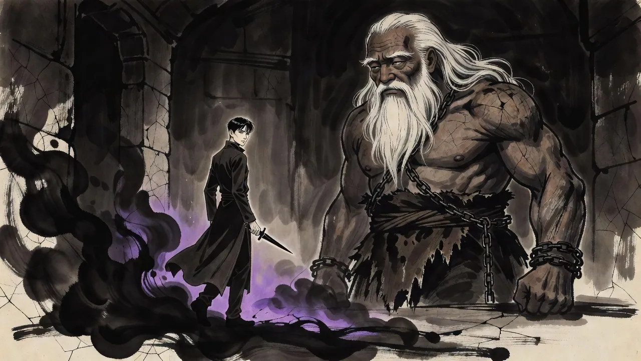 A man in a long dark coat, a dagger held low and his shadow surging up around him, walks toward the bound giant king, who watches him come.