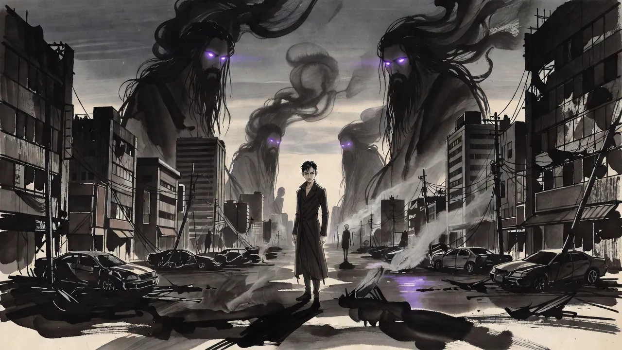 In a ruined city at dusk, colossal giants of black smoke with violet eyes rise out of pools of ink one after another, towering over a lone man in a long dark coat.