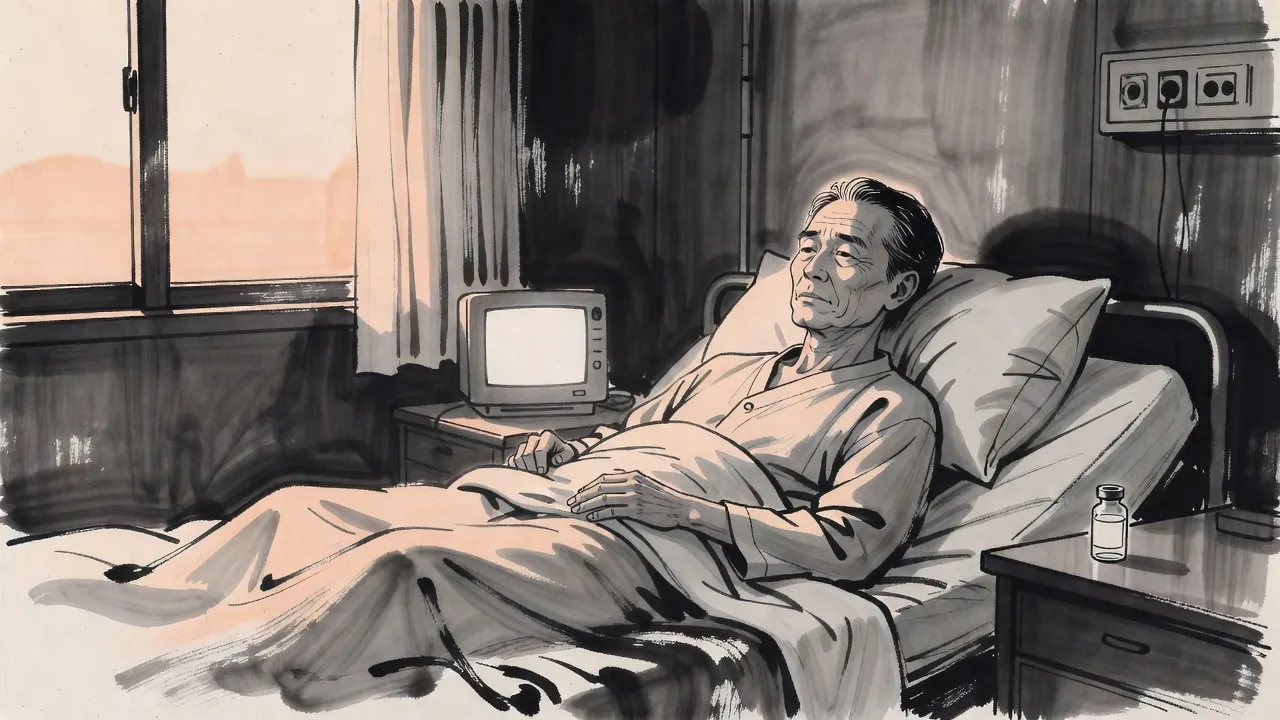 In a quiet hospital room at first light, a gaunt grey-haired man in a narrow bed opens his eyes, an empty glass vial on the table beside him.