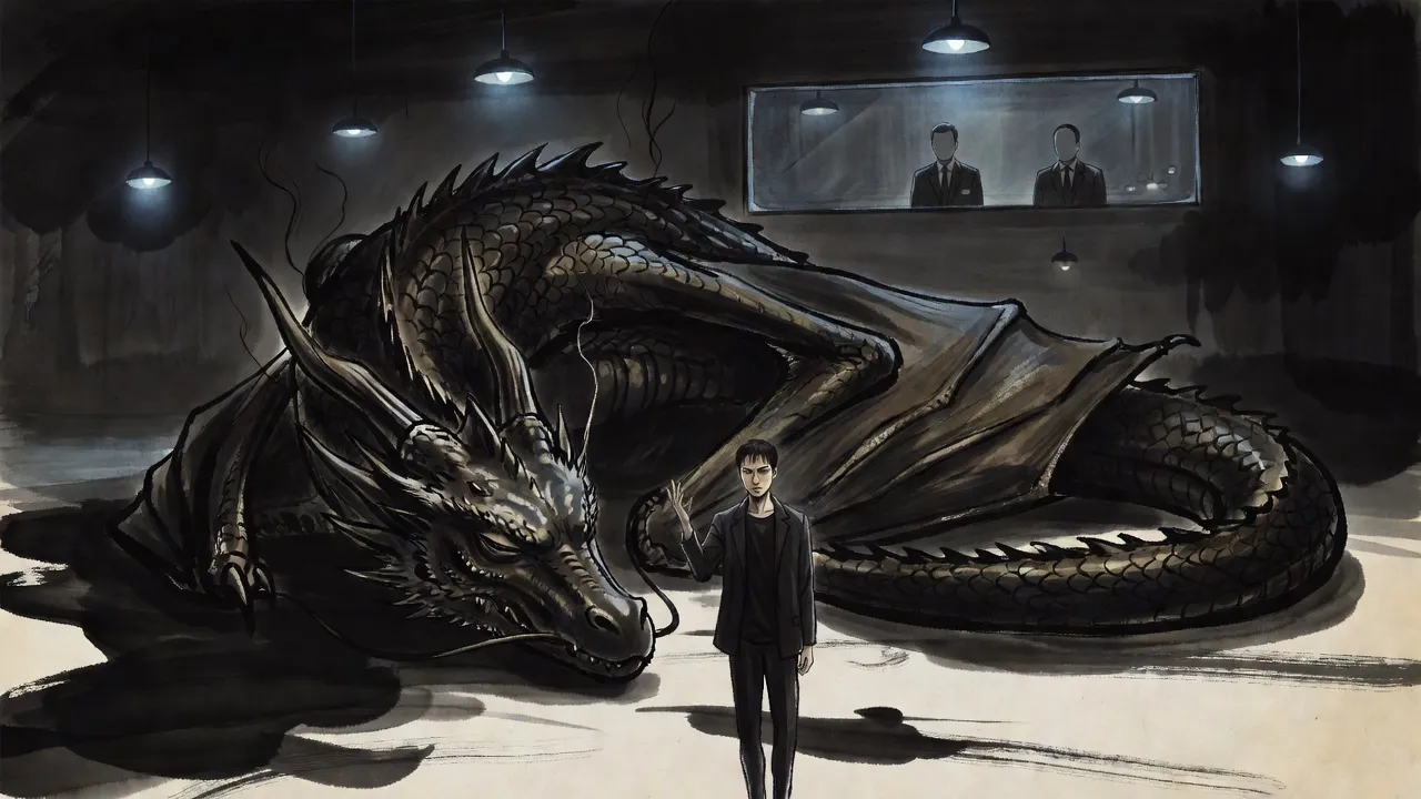 In a cavernous vault lit by cold blue lamps, a man stands small before the head of a colossal dead dragon, one hand raised, as thin black smoke begins to lift from its scales.