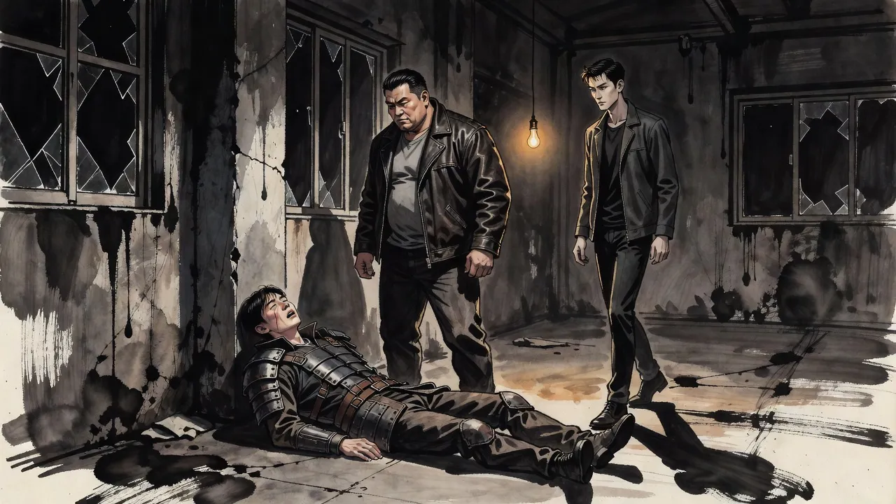 In a dark derelict hall under one bare bulb, a big man turns from a beaten young man slumped against a pillar toward a figure stepping out of the shadows of the doorway.