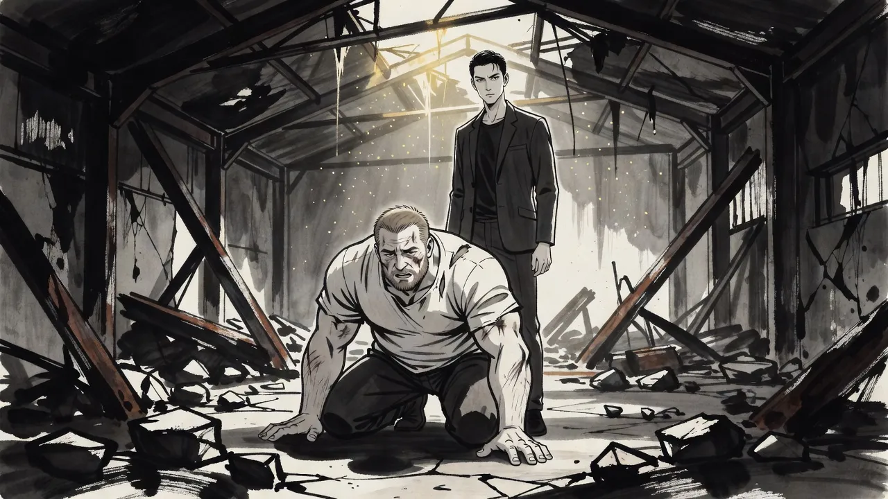 Amid broken concrete and twisted steel, an enormous bearded man in a torn shirt kneels, breathing hard, while a leaner man stands over him, untouched, hands at his sides.